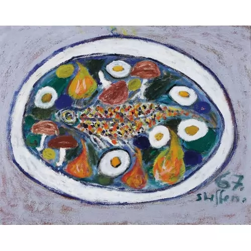 Stillleben mit Eiern, Pilzen und Fisch