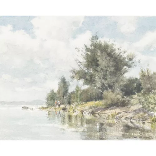 Walter Feller-Brand — Sonnige Uferpartie mit Fischern.