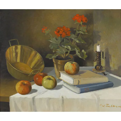 Walter Feller-Brand — Stillleben mit Geranie, Büchern und Äpfeln.