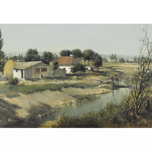 Walter Feller-Brand — Landschaft mit Bach und Häusern bei Limeuil.