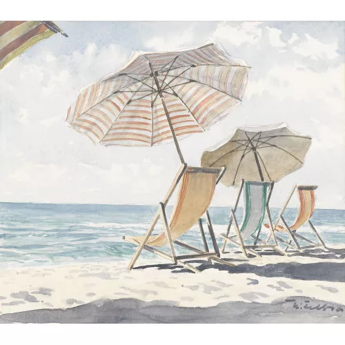 Walter Feller-Brand — Liegestühle und Sonnenschirme am Strand.