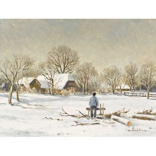 Walter Feller-Brand — Winterliche Landschaft mit Bauern am Holzhacken.