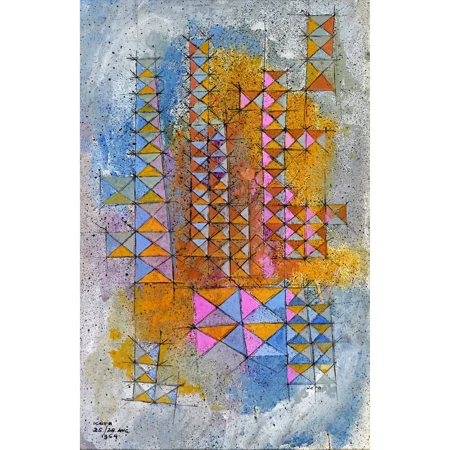 "Petite composition en bleu, rose et brun"