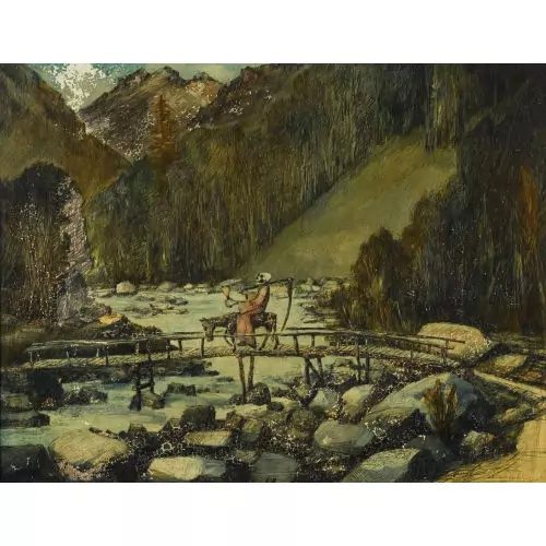 Berglandschaft mit Gevatter Tod auf einem Esel