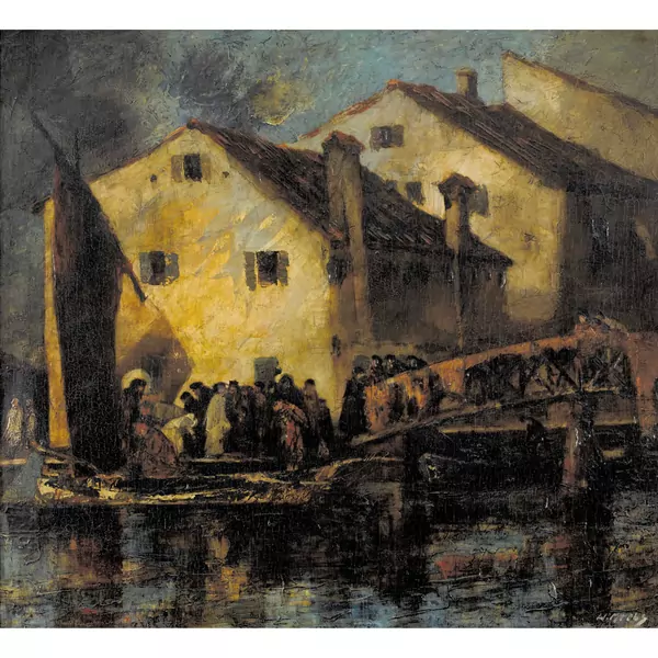 Belebter Hafen mit Häusern und Brücke