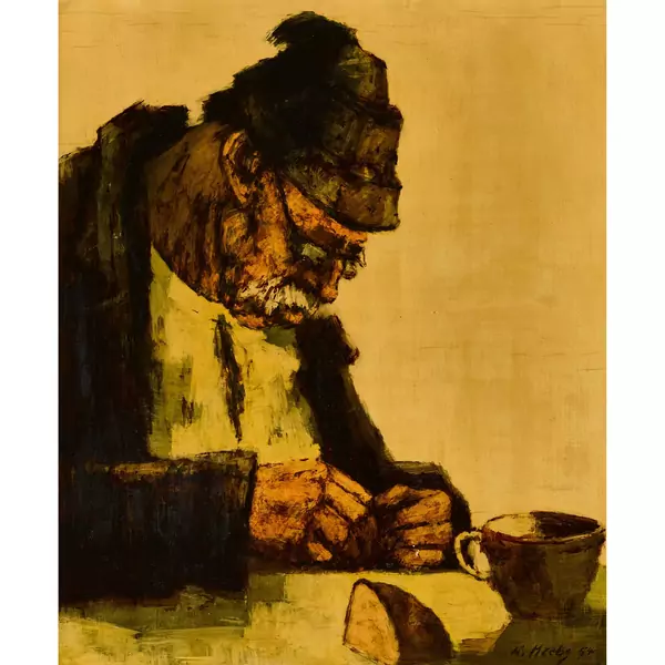 Alter Mann mit Tasse und Brot am Tisch