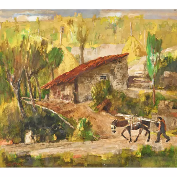 Landschaft mit beladenem Pferd und Bauer