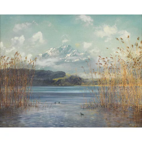 Walter Küng — Uferpartie am Rotsee mit Pilatus.