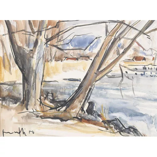 Walter Mafli — Ufer des Neuenburgersees mit zwei Bäumen.