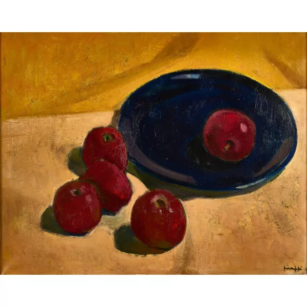 Walter Mafli — Stillleben mit Äpfeln und blauer Schale.