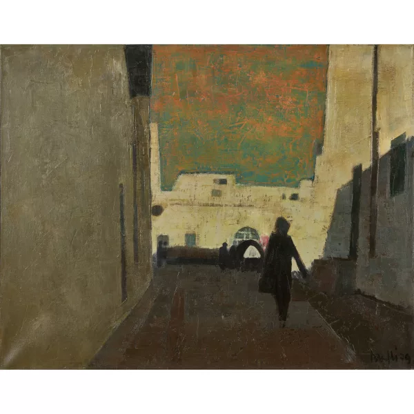 Walter Mafli — Strassenzug im Schatten mit Passanten.