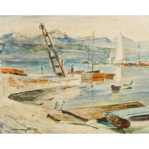 Walter Mafli — Hafenpartie am Genfersee mit Blick nach Frankreich.