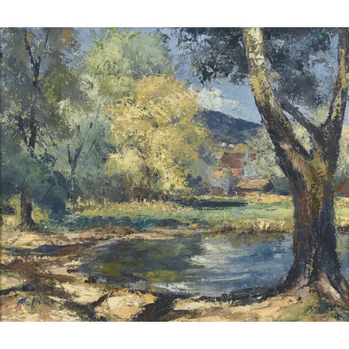Walter Mafli — Landschaft mit Bäumen an einem Weiher.