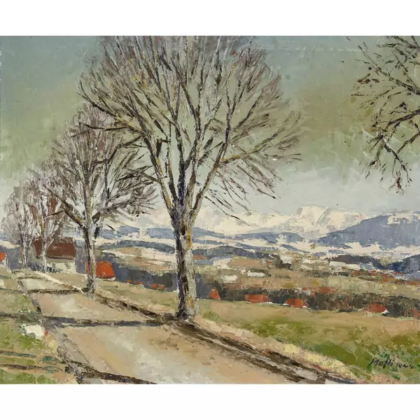 Vorfrühlingslandschaft mit Berner Alpenpanorama