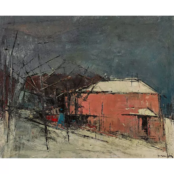 Winterlandschaft mit rosafarbenem Haus