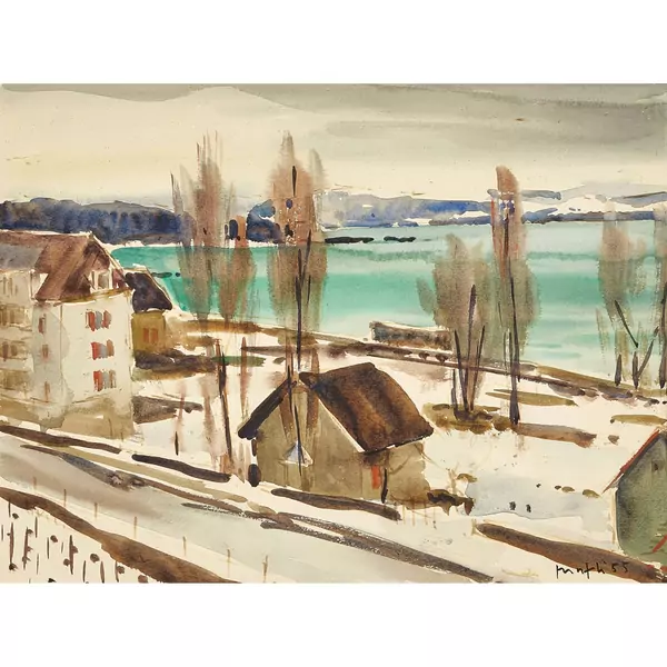 Winterliches Seeufer mit Häusern und Bäumen