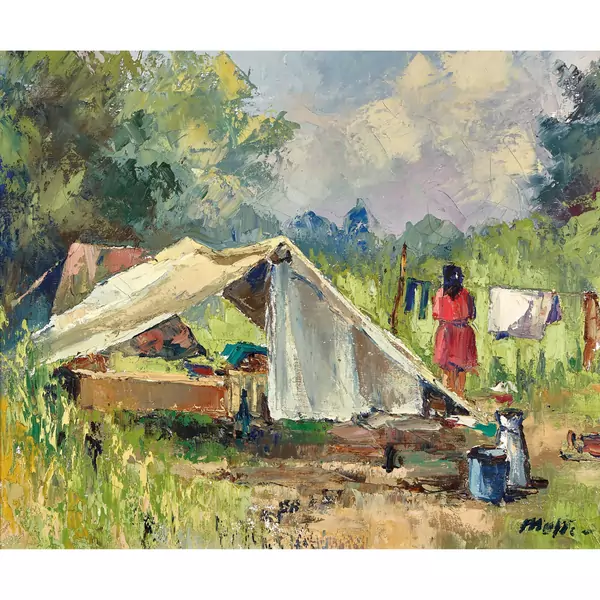 Landschaft mit Zelt und Frau beim Hängen der Wäsche