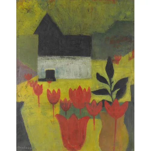 Walter Nussbaum — Komposition mit abstrahiertem Haus und Blumen.