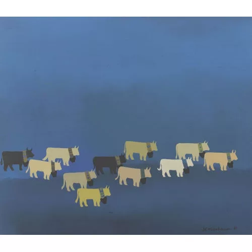 Walter Nussbaum — Kuhherde mit Glocken auf blauem Grund.
