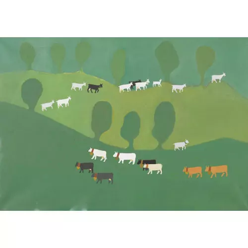 Landschaft mit Ziegen- und Kuhherde