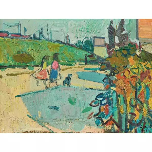 Landschaft mit Mädchen und Hund