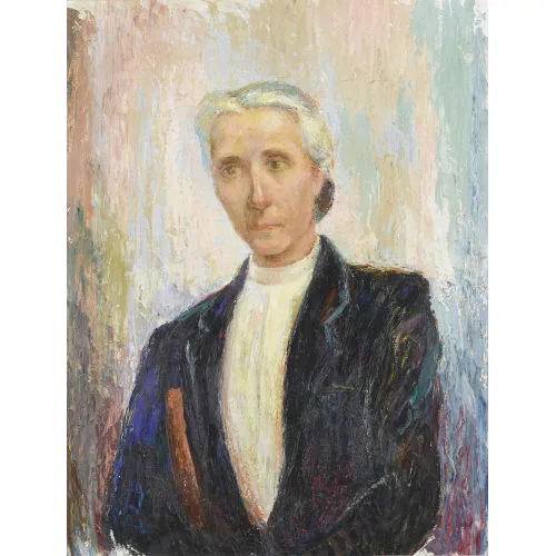 Waltraud Lamers — Porträt einer Dame in weisser Bluse.