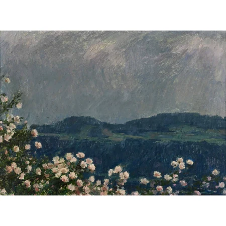 Blühende Sträucher vor Hügellandschaft