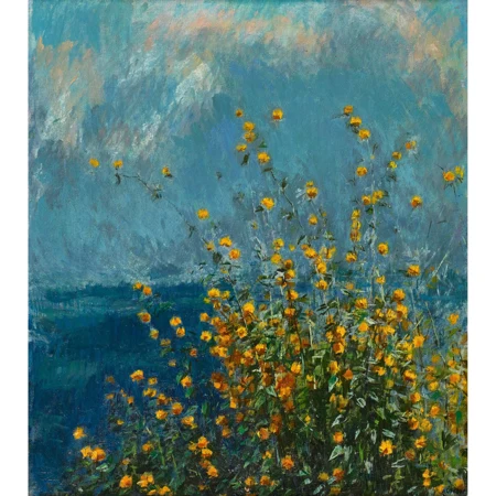 Landschaft mit blühendem Strauch