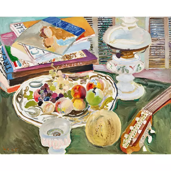 "Stilleben mit Petrollampe und Früchten"