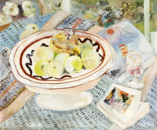 Stillleben mit Früchteschale und Impressionisten-Katalog