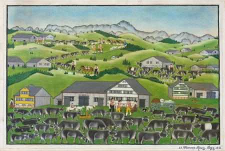 Bauernhof mit Kühen und Sennen, 1926