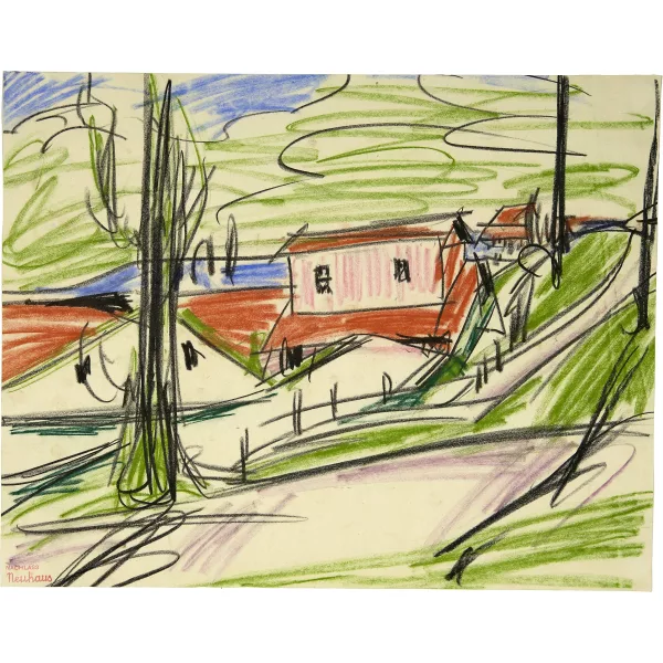 Werner Neuhaus — Landschaft mit Häusern mit roten Dächern