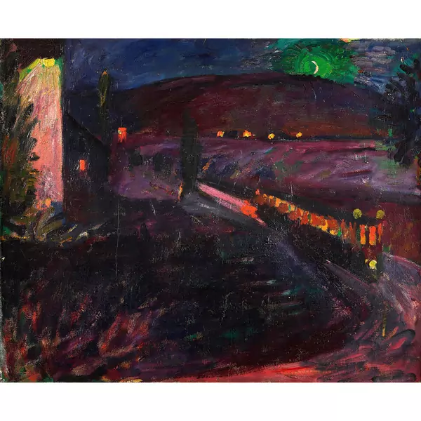 "Muttenz (Freidorf) bei Nacht mit Tram"