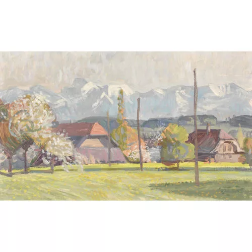 Werner Schmutz — Landschaftspartie im Bernbiet mit Alpenkette.
