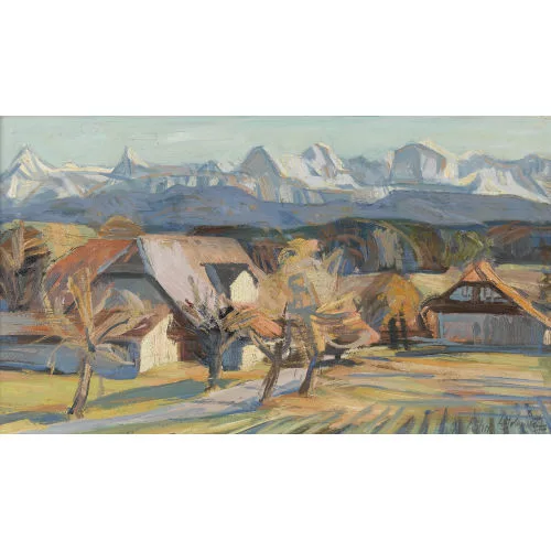 Werner Schmutz — Berner Weiler mit Alpenkette.