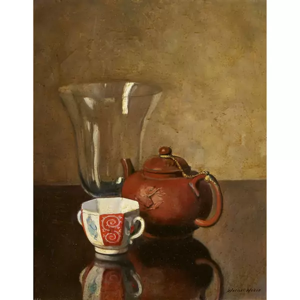 Stillleben mit Teekanne, Tasse und Glas