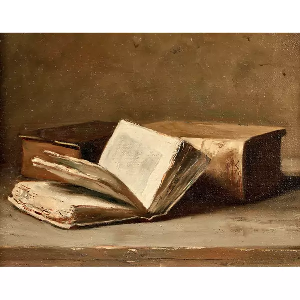 "Drei Bücher, eines aufgeschlagen"