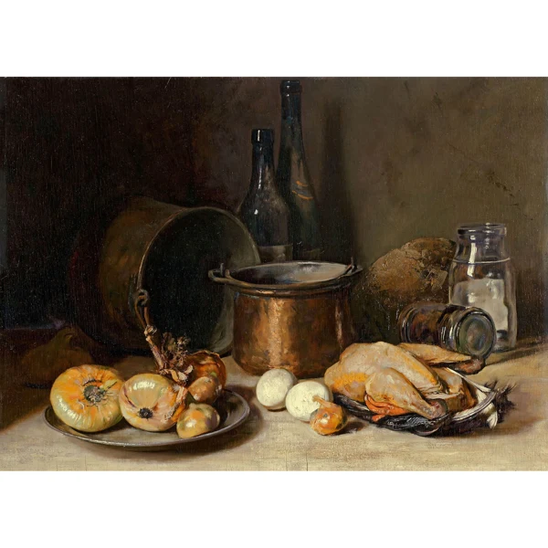 Werner Weber — KUPFERKESSEL MIT WEINFLASCHEN, ZWIEBELN UND HUHN COPPER BOILER WITH WINE BOTTLES, ONIONS AND CHICKEN