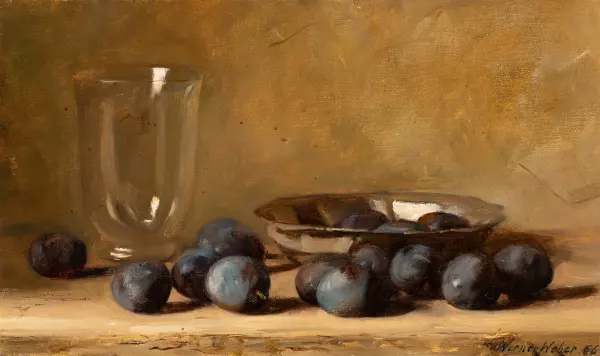 Glas und Silberschale mit Zwetschgen. 1966