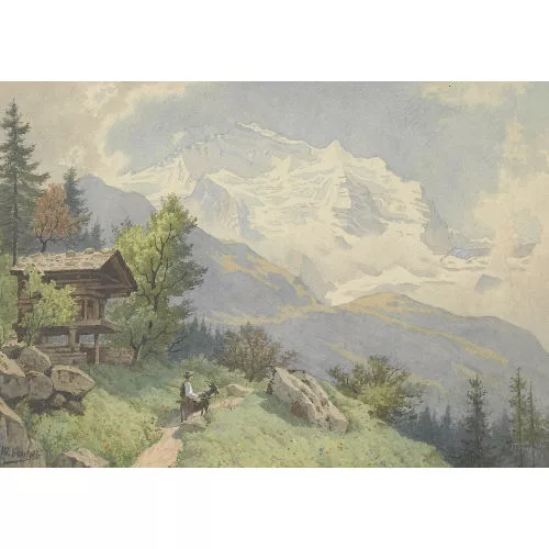 WILHELM BERNHARD BENTELI — Gebirgspartie mit Chalet am Hang vor der Jungfrau.