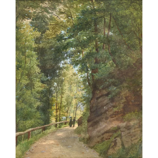WILHELM BERNHARD BENTELI — Paar mit Sonnenschirm auf einem Waldweg.