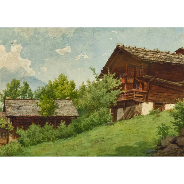 WILHELM BERNHARD BENTELI — Sonnige Landschaft mit Bauernhäusern.