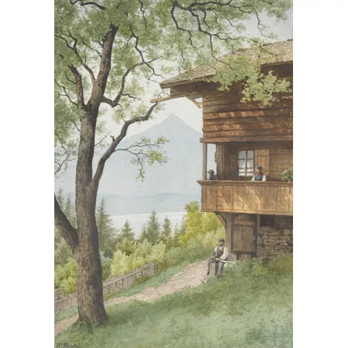 WILHELM BERNHARD BENTELI — Bauernhaus am Thunersee mit Niesen.