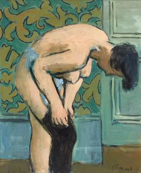 WILHELM GIMMI — Femme enfilant son bas noir. Um 1936. — Koller Auktionen