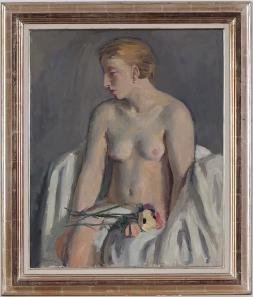 Wilhelm Gimmi — Wilhelm Gimmi (1886-1965), Nu au bouquet, huile sur