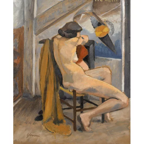 Wilhelm Gimmi — Sitzender weiblicher Rückenakt in Interieur.