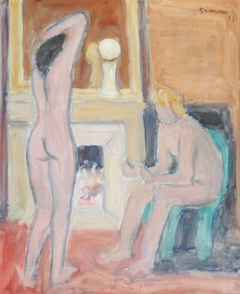 Wilhelm Gimmi — Deux nus devant la cheminée, 1963