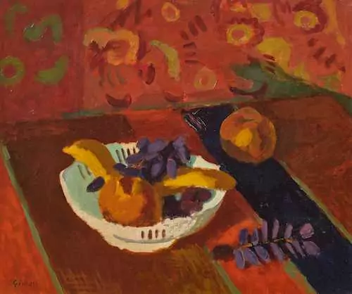 WILHELM GIMMI — Nature morte, coupe de fruits, fond rouge. 1928. — Koller Auktionen