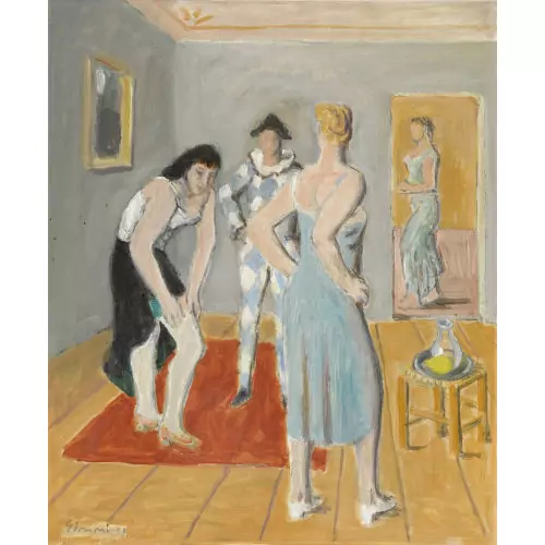Interieur mit Frauen und Harlekin