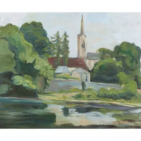 Bretonische Flusslandschaft bei Pont-Croix mit Kirche